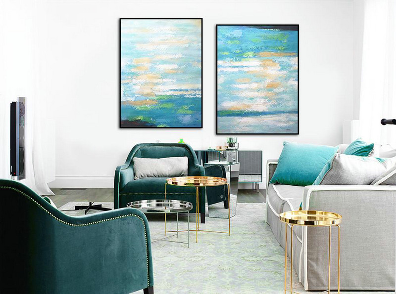 Abstract Painting Extra Large Canvas Art,Set Of 2 Abstract Painting On Canvas,Oversized Art,Blue,White,Yellow,Green.etc